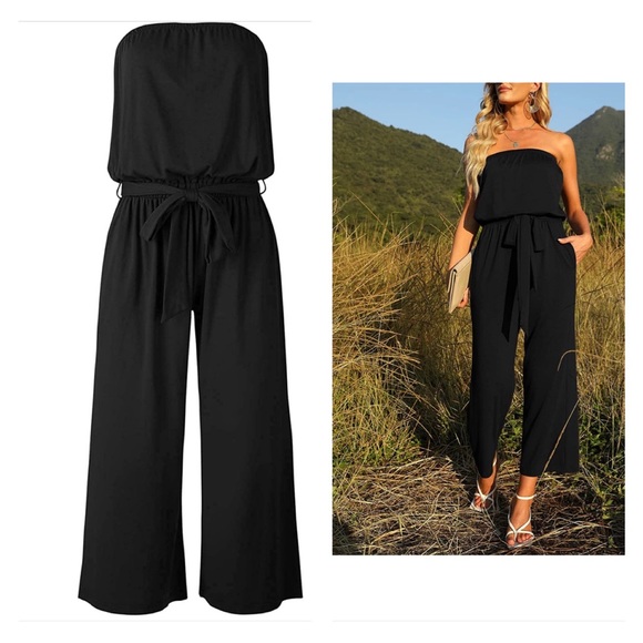 Casual Off Shoulder Solid Color Strapless Belted Wide Leg Jumpsuit Romper - Picture 2 of 3